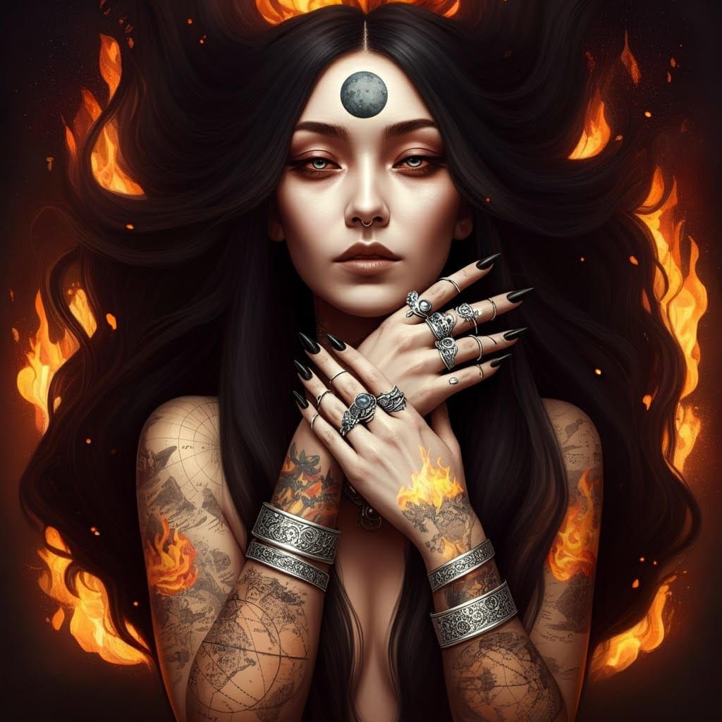 A captivating modern day fire elemental witch, dark cascading hair, intricate tattoos, silver rings and ornate bracelets, enigmatic and powe...