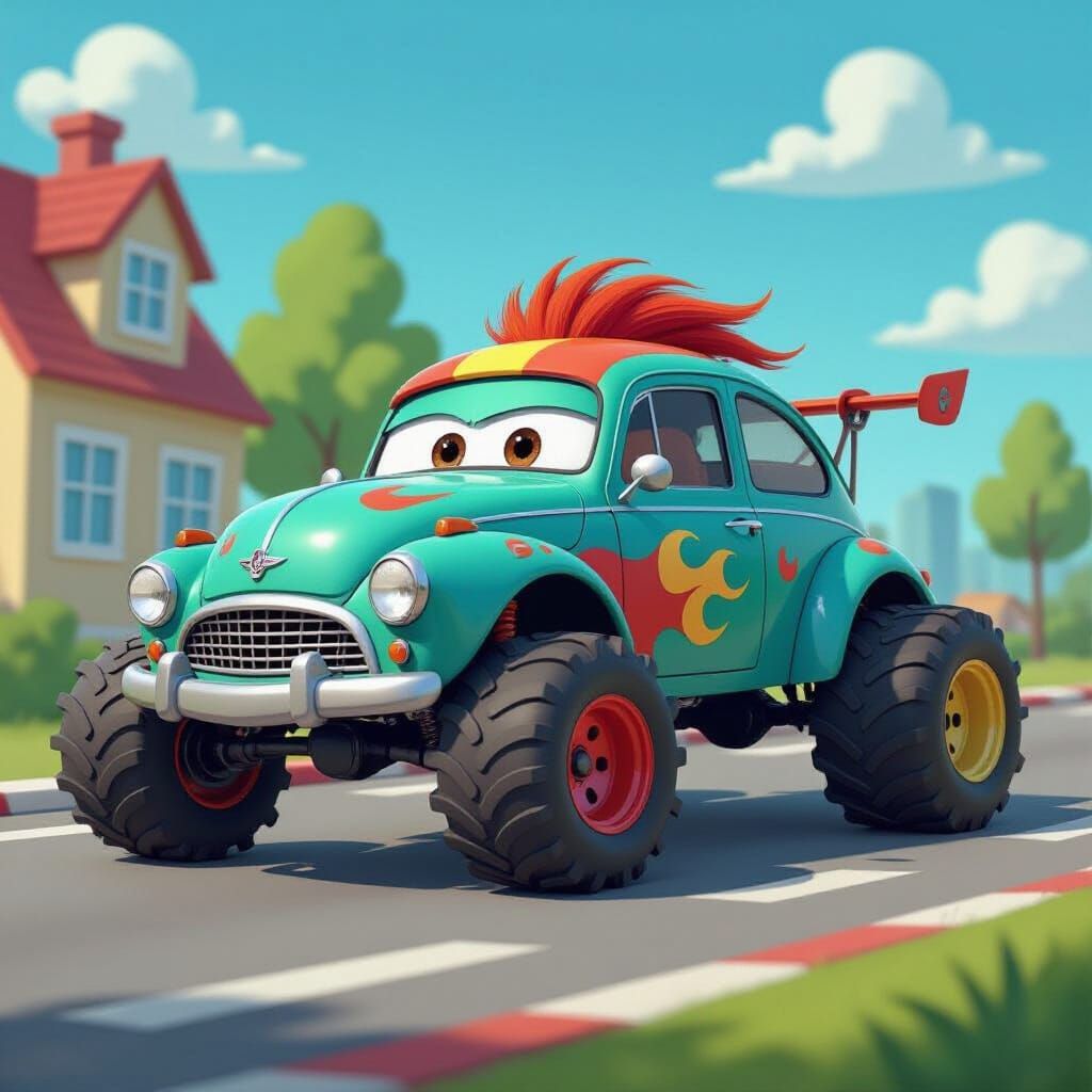 A quirky, cartoon-style car with oversized wheels and wild colors.  by @Mauro Vandal