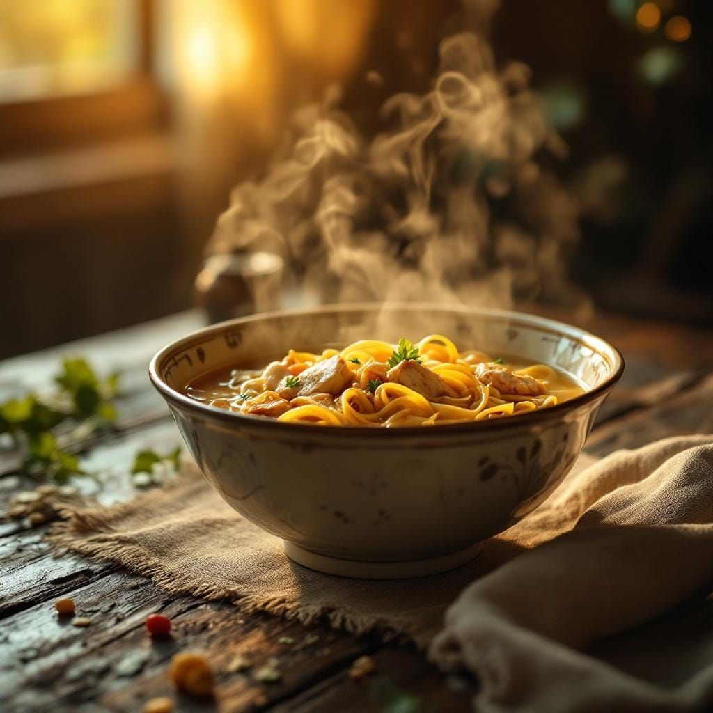 A steaming bowl of chicken noodle soup on a weathered wooden table, surrounded by soft golden lighting, shallow depth of field capturing del...