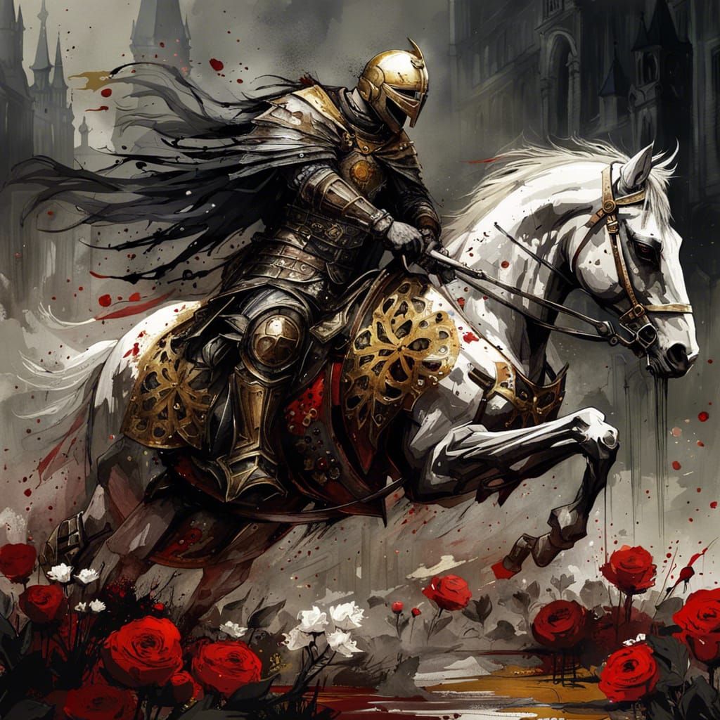 Gothic Knight Templar on Horse in Field of Roses