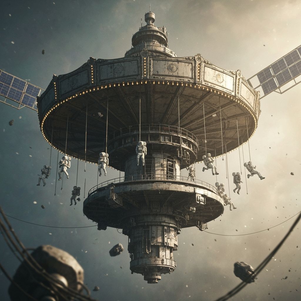 An epic carousel satellite soaring through space with astronauts tethered in zero gravity. Satellite has market lights hanging. Industrial s...