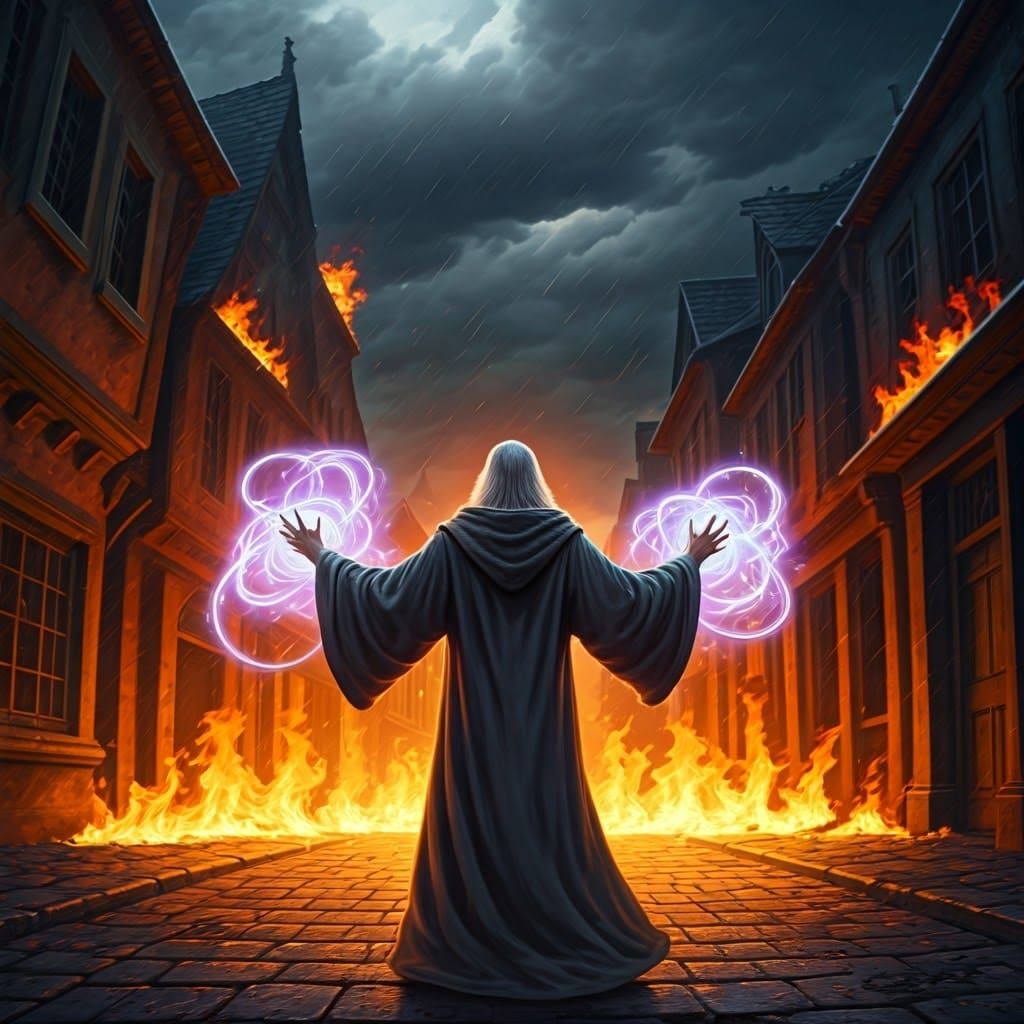 Energy swirls from wizard's hands. The fires diminish in size and intensity. The energy swirls disappears and the fires stop, leaving behind...