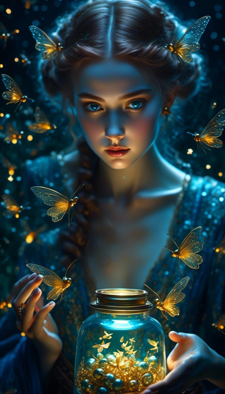 <lora:Mystic Detail Faces:1.0> highly detailed pretty girl (perfect hands!!) opening an ornate jar of fireflies. She is surrounded by firefl...