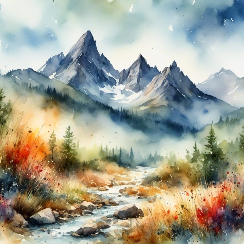 beautiful mountain landscape, watercolor, <lora:Watercolor:1.0>