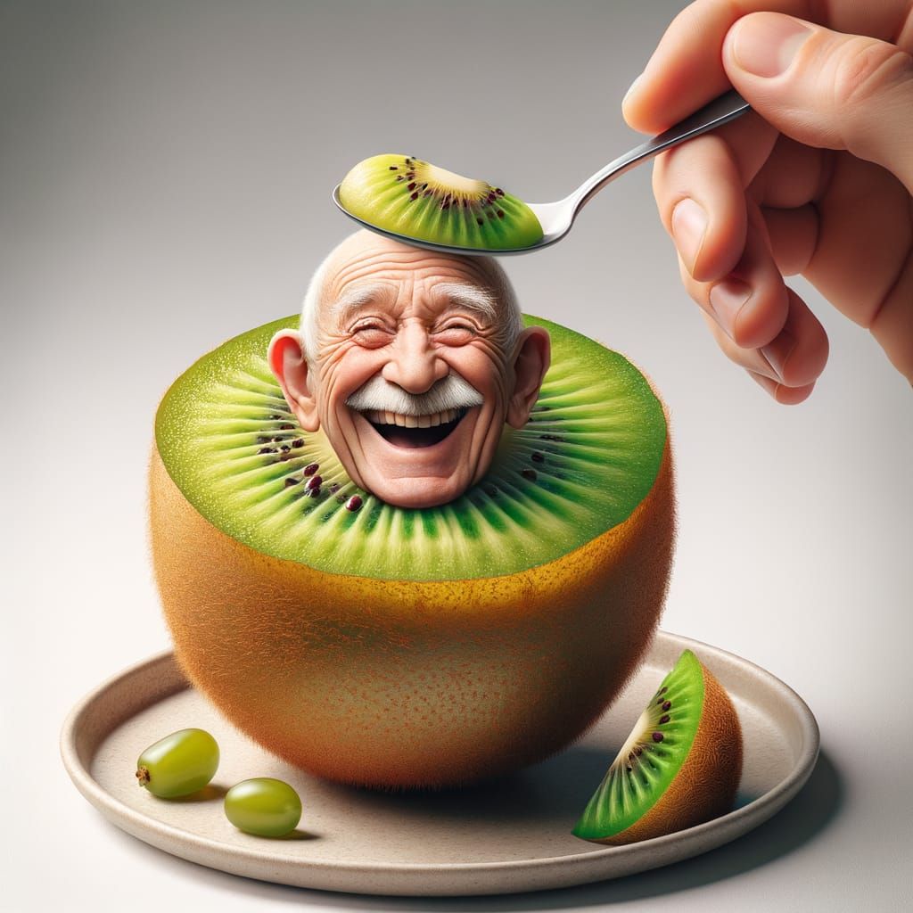 Whimsical Kiwi Fruit With Jolly Old Man Face Fed by Spoon