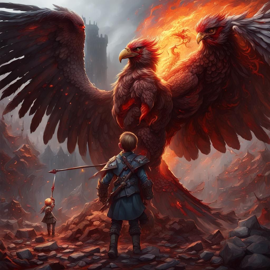 bloody war, with a fire bird protecting a little kid