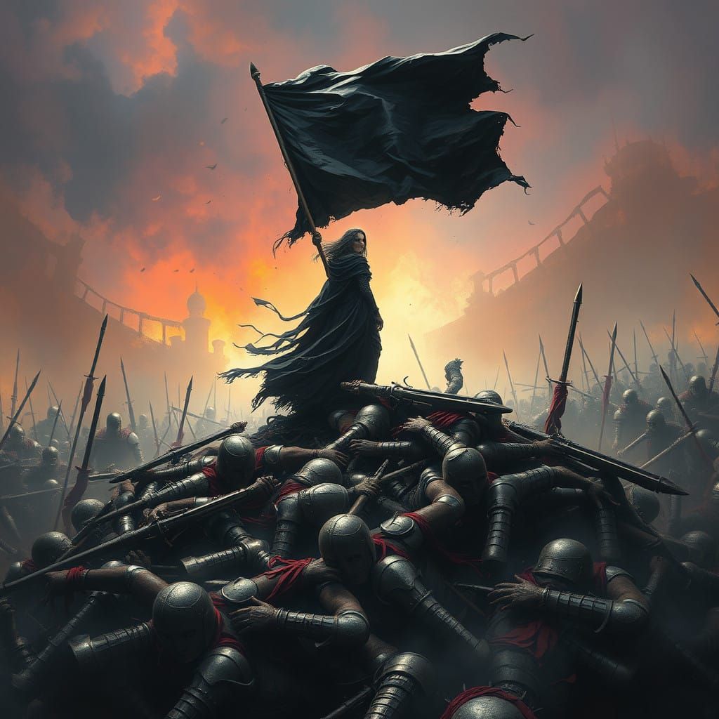 A women with a black flag in the hand on a pile of men   by @Jaguarheart12