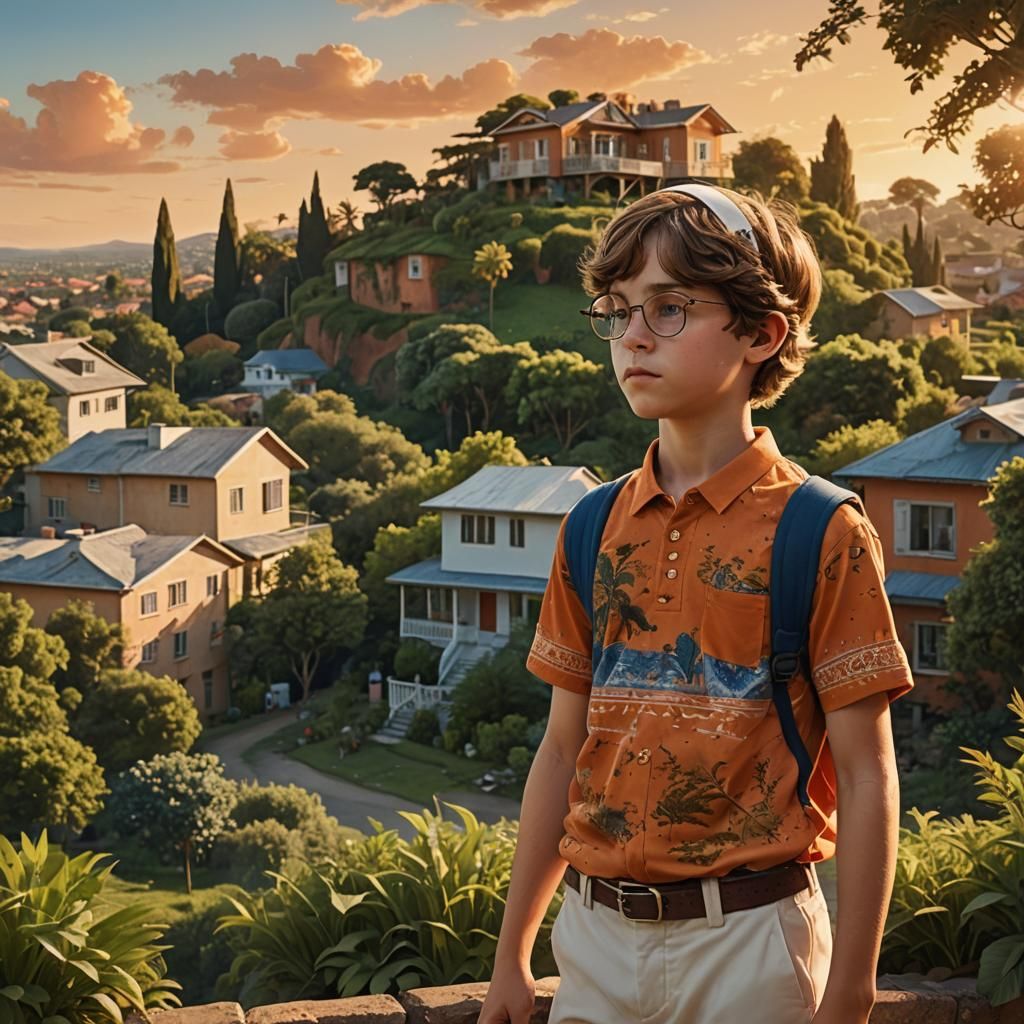 Boy with Kippah Gazing at Distant House