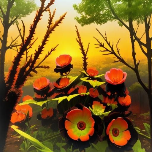 Medium shot. A dense forest with tall trees at sunset. Swamp...