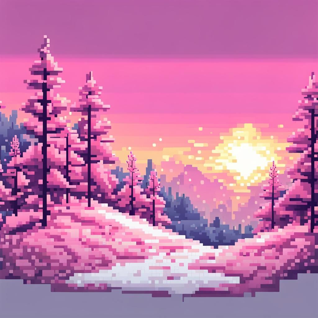 pixel art winter white snow pine forest sunset pink - AI Generated ...