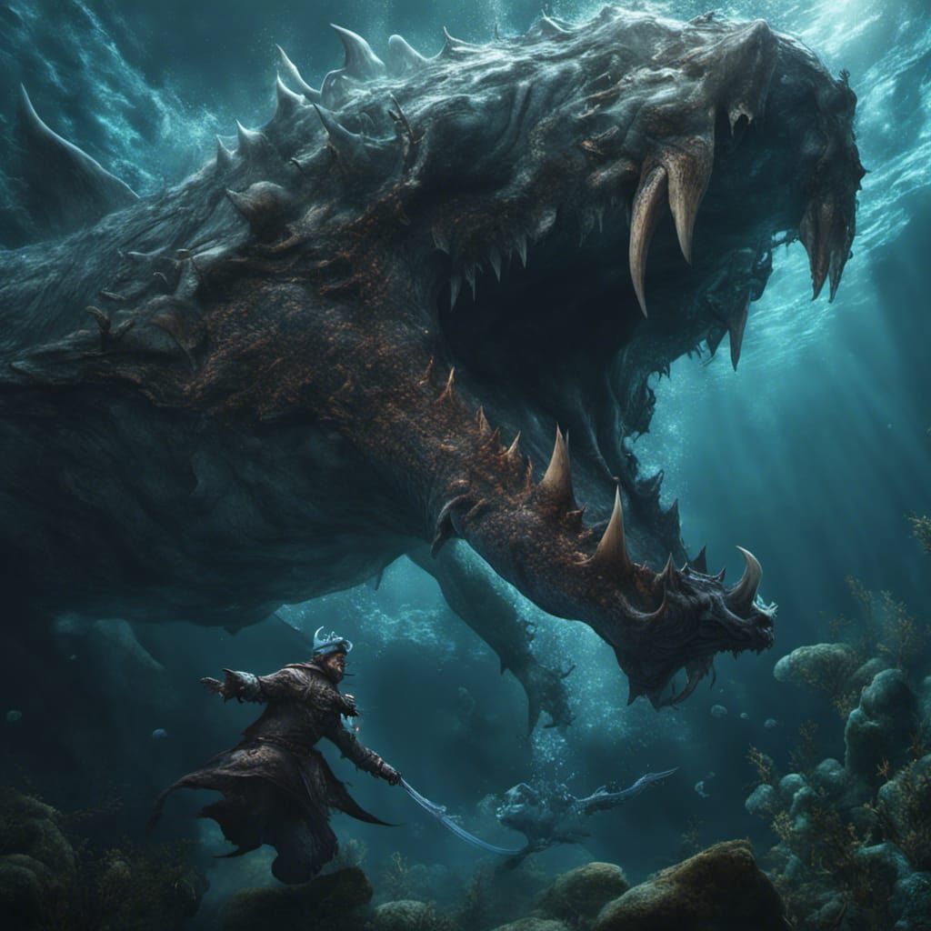 Water mages fighting Underwater massive Leviathan creature with body ...