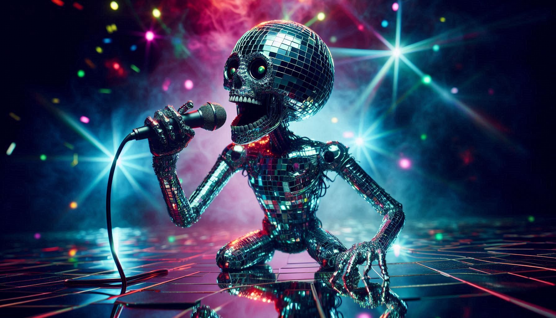 super creepy cursed disco with demons in the crowd. mutated android, covered entirely in mirrored tiles, disco ball head rotates. extra limb...