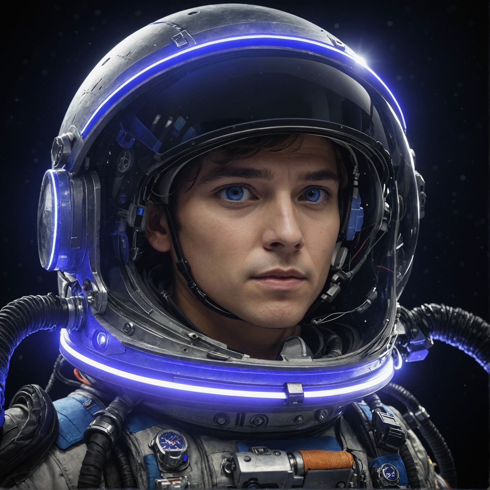 An astronaut with blue lighting on his helmet.