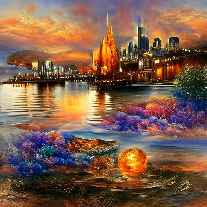 City skyline across the water at Sunset