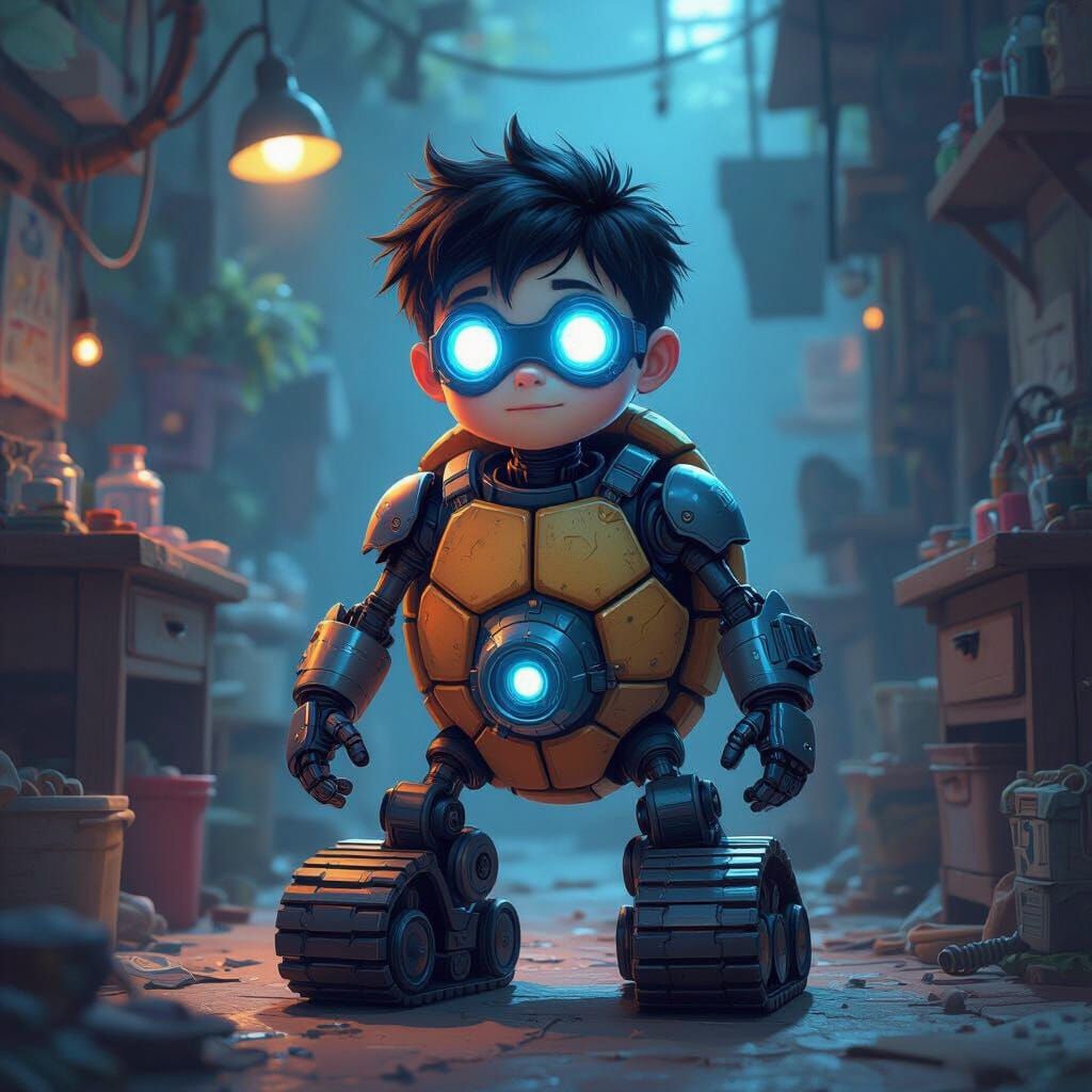 A young boy with a turtle shell back, robot eyes, tank treads for legs, and a vacuum belly