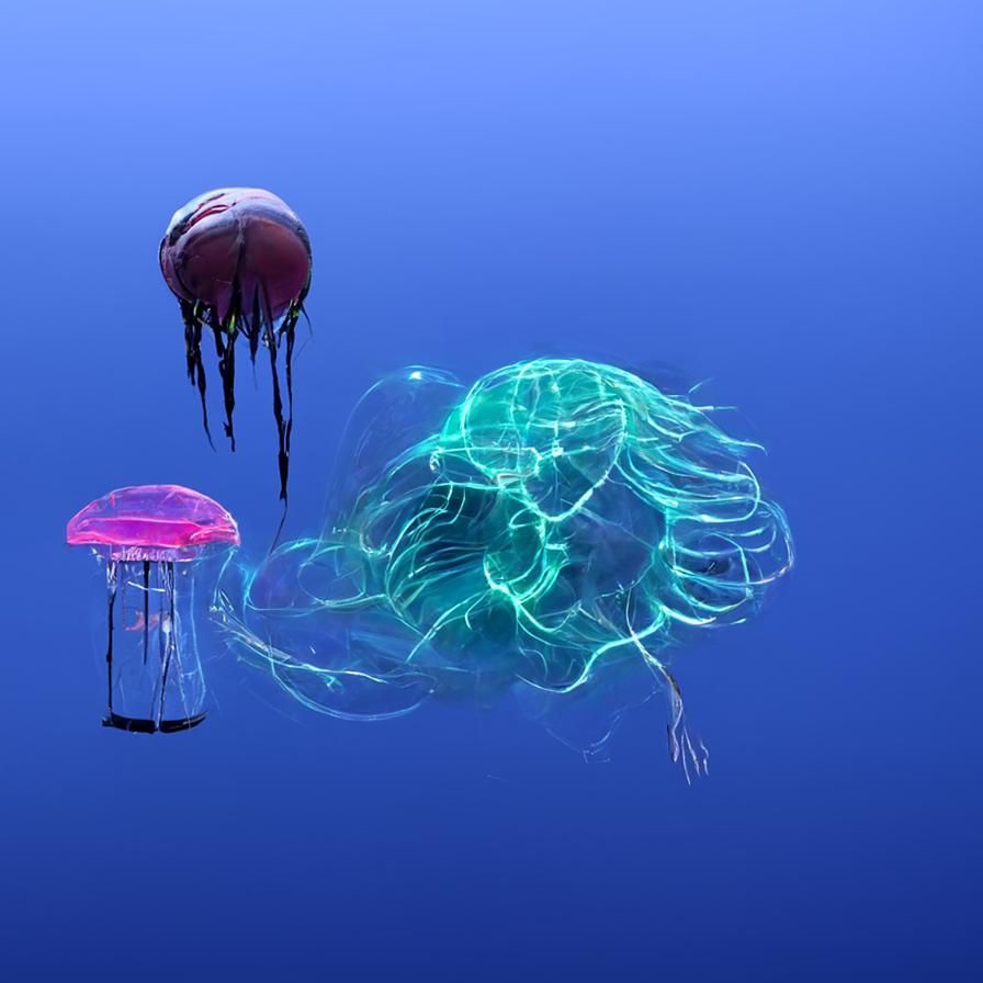 Neon jellyfish floating in the sea with plankton