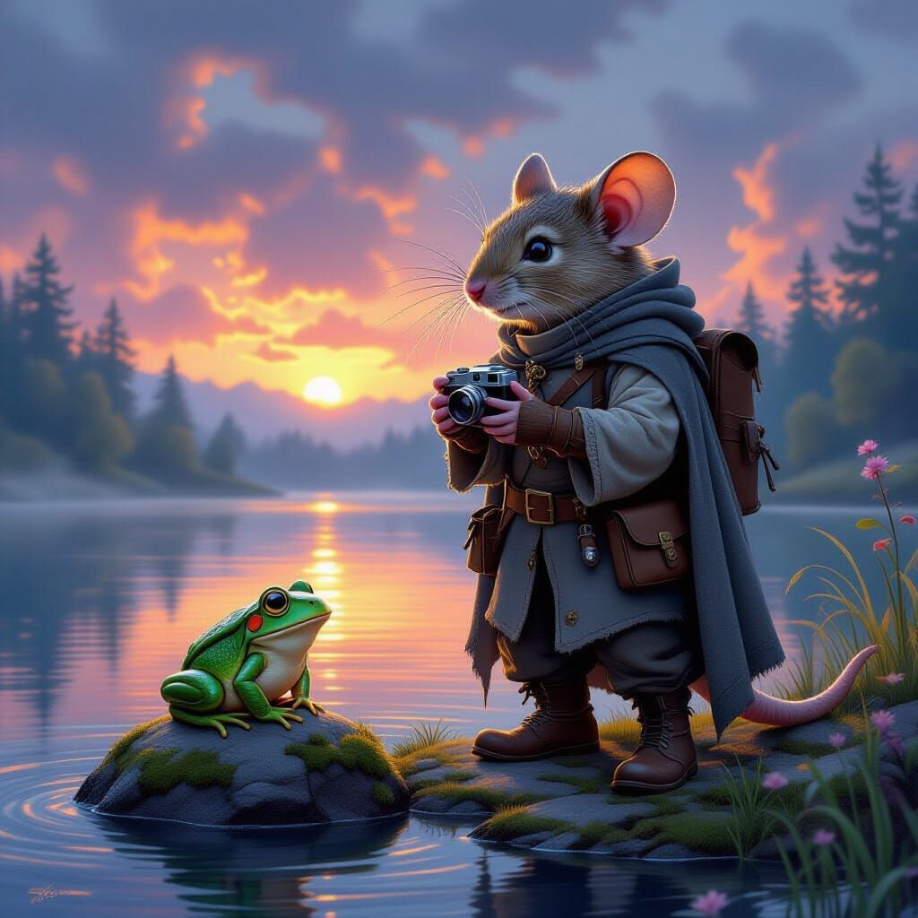 A weathered anthropomorphic mouse adventurer, named Finn, stands at the edge of a mystical lake. He wears tattered travel-worn clothes, heav...