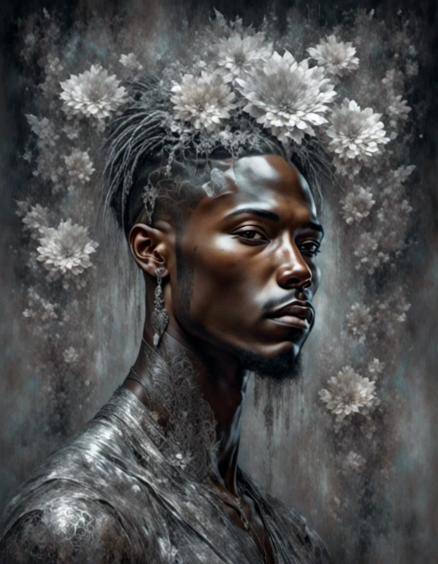 <lora:Moody silver:1.0> <lora:Soft Intensity:1.0>  black man portrait, flower, gray  silver shining fractal wallpaper in background, silver...