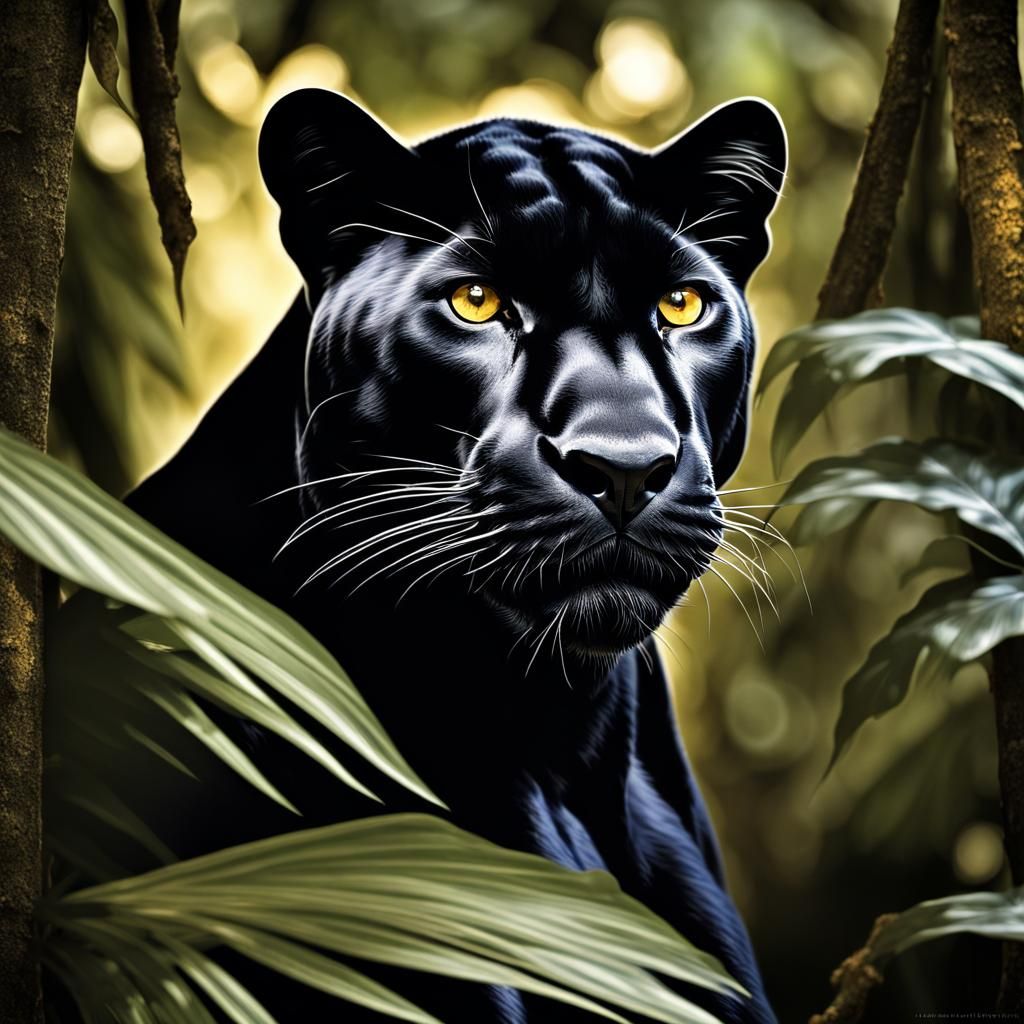 A black panther, hidden in the dense shadow of the jungle, gazes ...