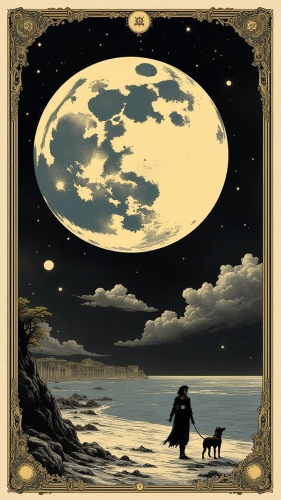 "The Moon" tarot card, beautiful, foreboding, moon dominating the scene, a dog, no human subjects, ornate borders, tarot card by Dürer <lora...