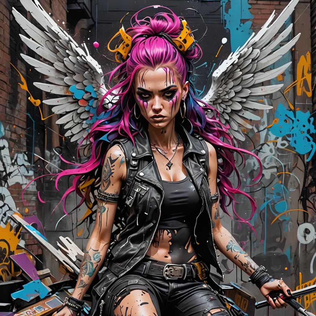 Punk rock girl angel of destruction graffiti art, splash art...