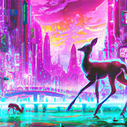 A deer passing through a neon city, by Dan Mumford and Victo...