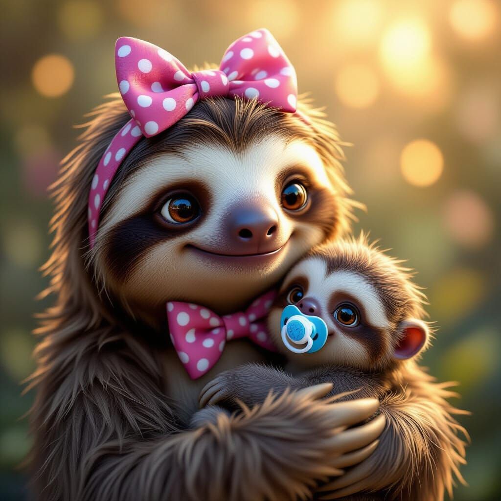 Compassionate Sloth Mother and Baby in Ethereal Glow