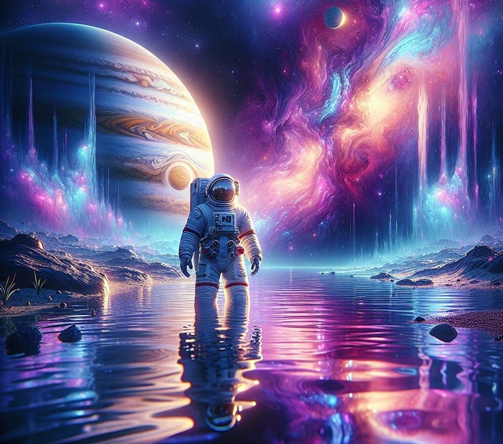 Astronaut stranded on a flooded meteor seeing the cosmos  by @Flare