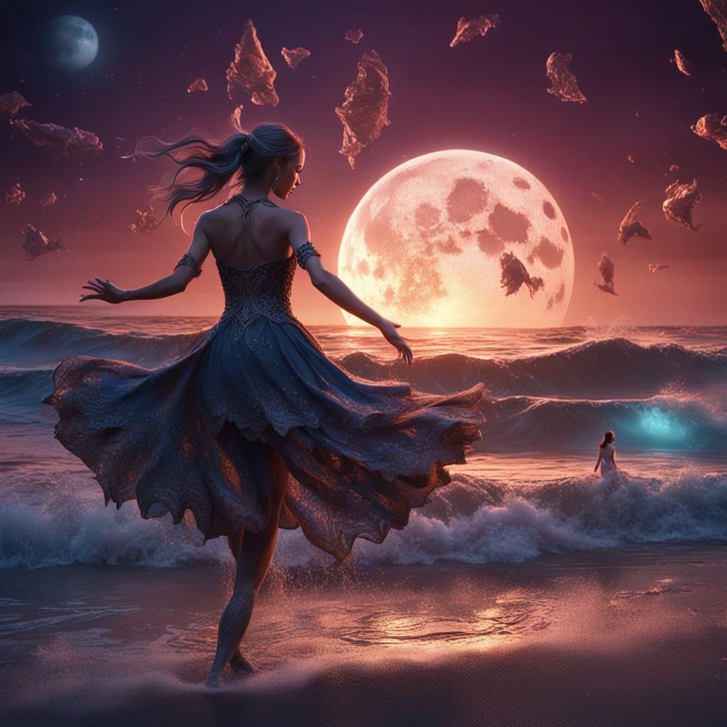 Sensual Dance on Moonlight Beach: Detailed Fantasy Art