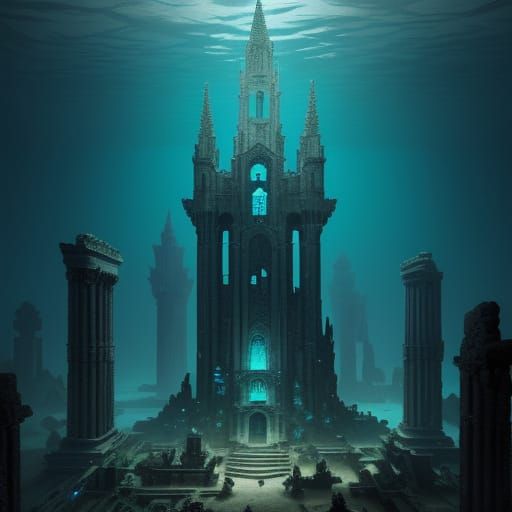 A dramatic aerial view of a lost underwater city, its grand architecture encrusted with coral and illuminated by schools of bioluminescent f...