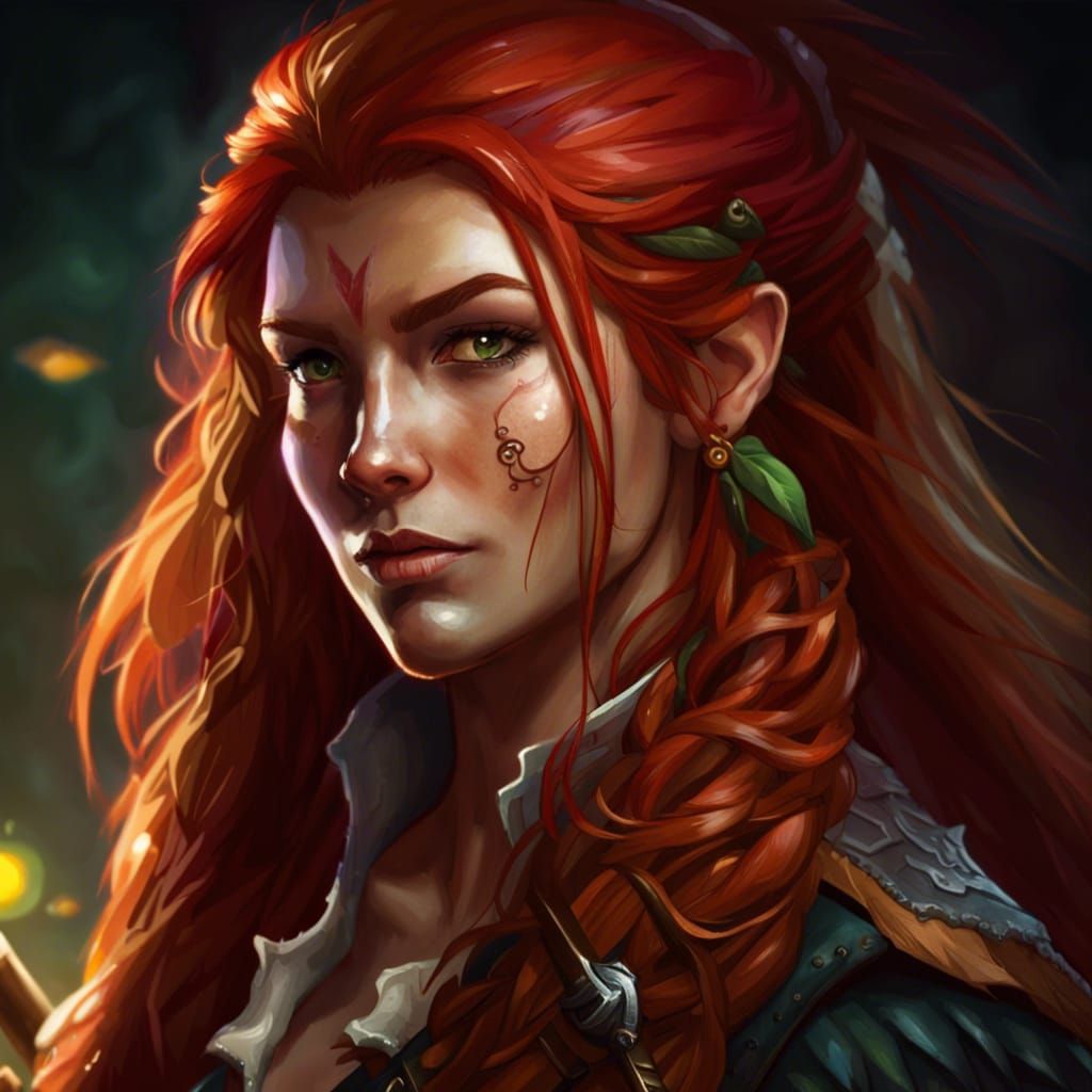 Pretty ,female , half elf, long red haired, pirate, captain, Druid ...