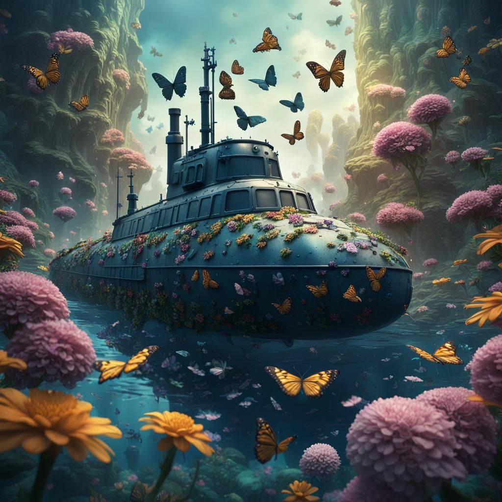 Submarine floating on butterflies and flowers