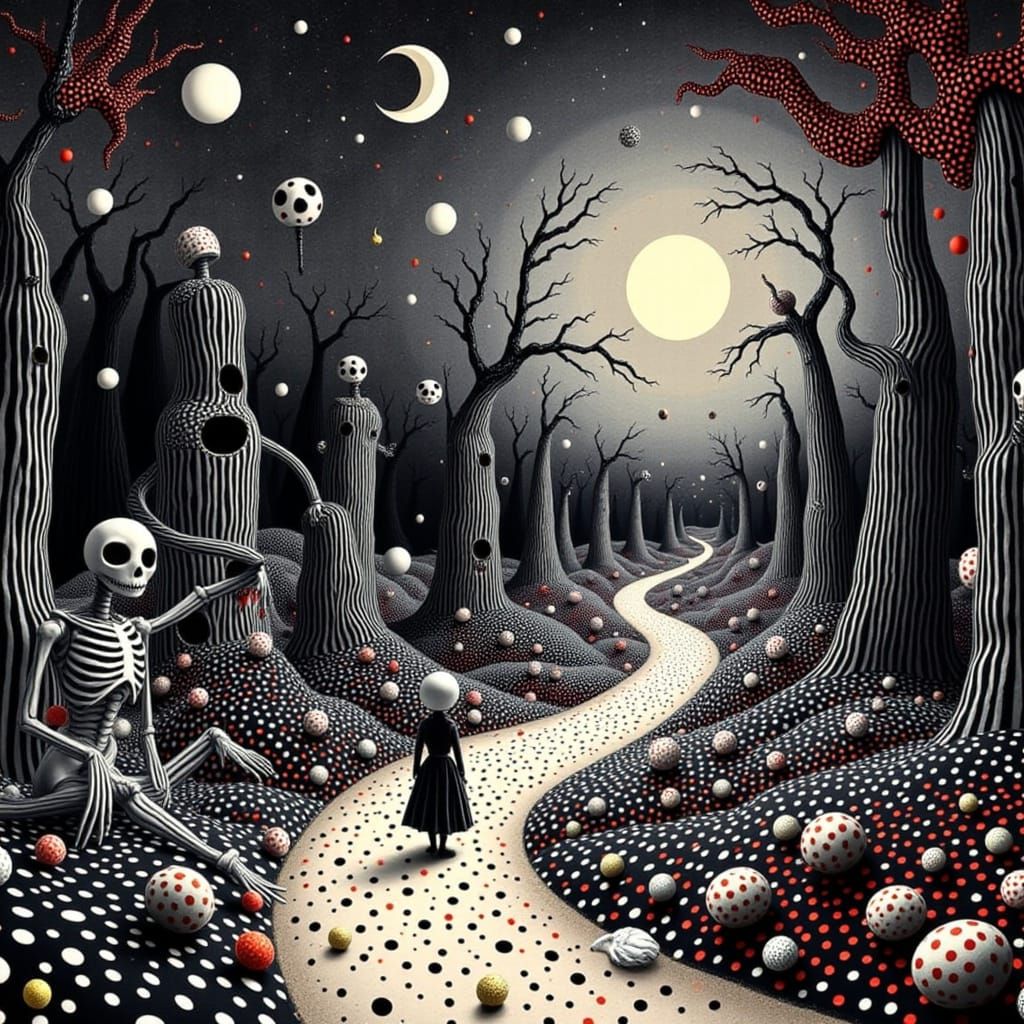 Infinity macabre tea party in a forest of impossibly thin striped trees, where skeleton-like hosts serve dotted teacups that seem to multipl...