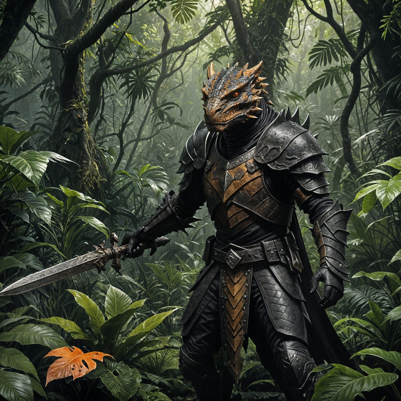 Argonian with a dark orangeish scale color, clad in dark lea...