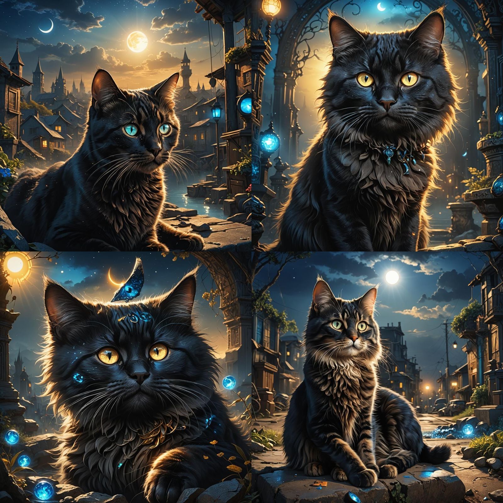 Um gato preto com um olho azul brilhante e chamativo olhando...