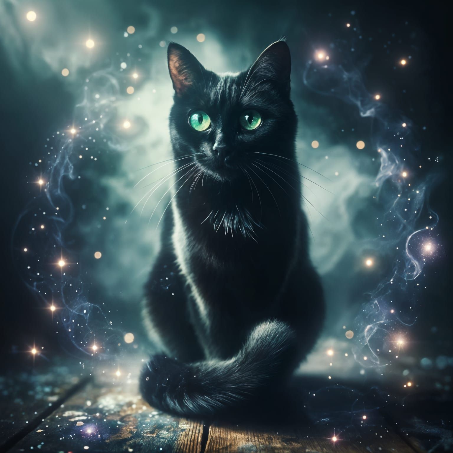 Enchanting Black Cat with Emerald Eyes Emitting Magic