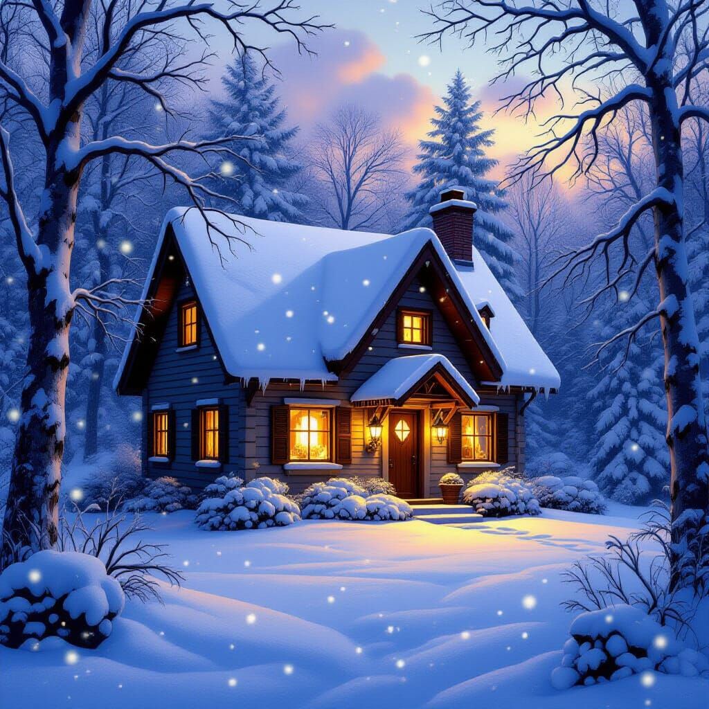 Cozy Cottage in Snowy Forest with Warm Lights