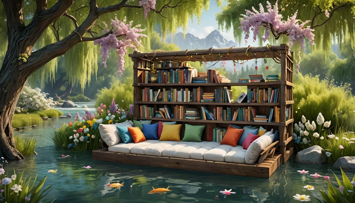 Create an imaginative scene of a floating bookcase raft made from reclaimed wood, filled with colorful ...  by @Susasirin