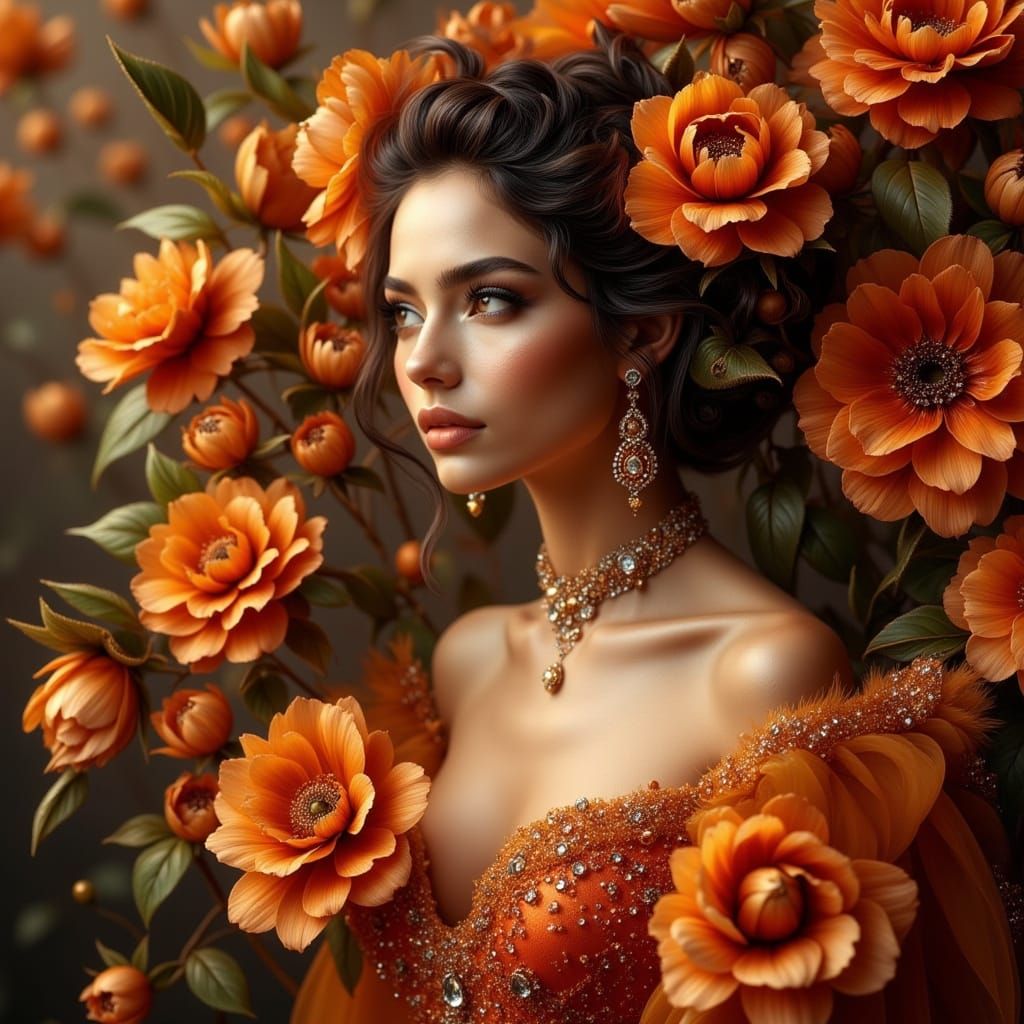Elegant Woman in Sparkling Orange Dress Amidst Autumn Flower...