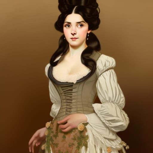 woman with dark hair wearing a 1700s dress with tightly fitted bodice ...