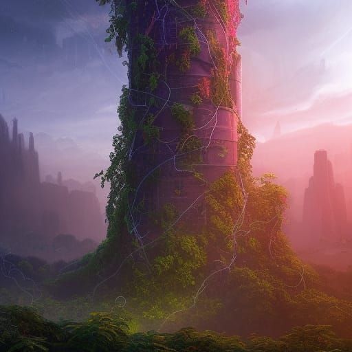 massive skyscraper covered in vines at night