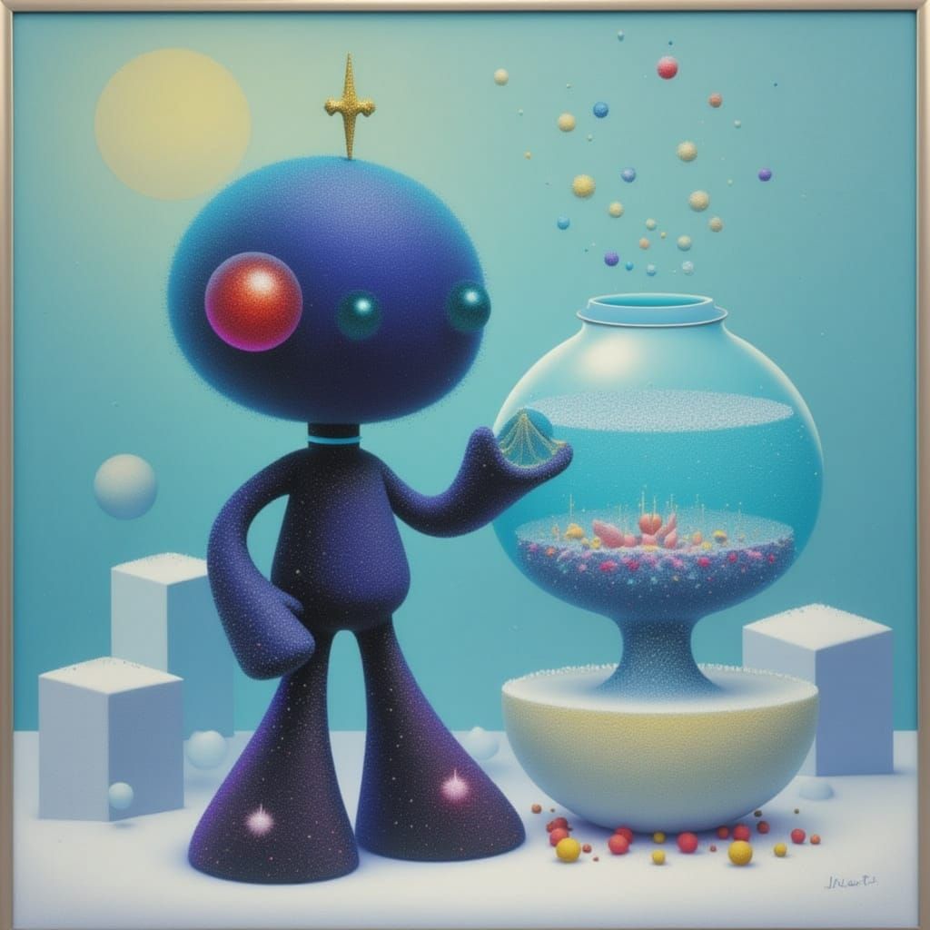 <lora:COSMIC SNOW:1.0> Cute robot holding a fishbowl