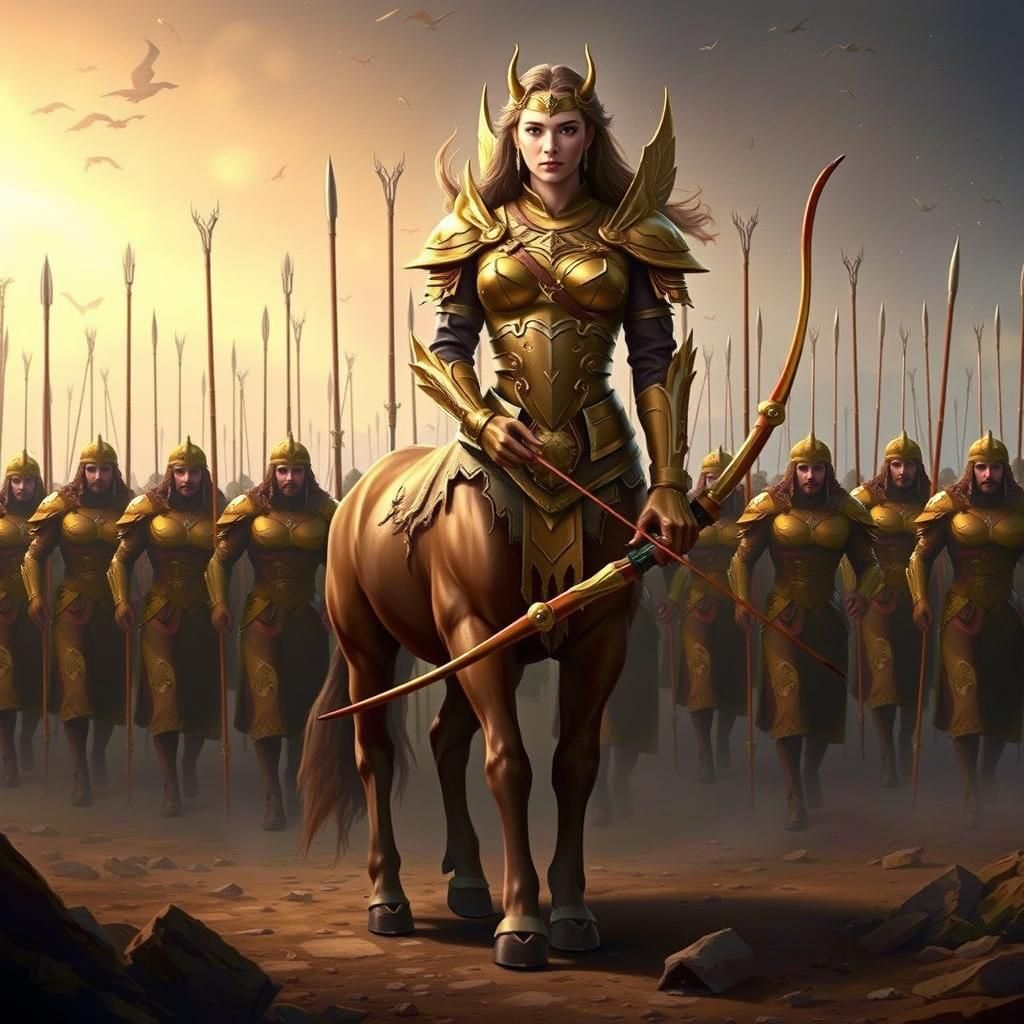 a female centaur, standing proudly in golden armor, holding an intricately carved bow, behind her is ...  by @Golem