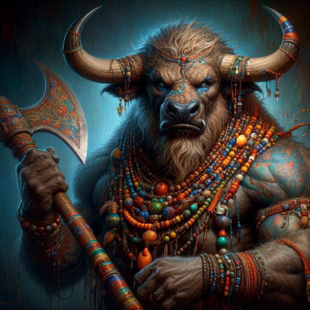 Minotaur modeling his beads necklace and great axe v2