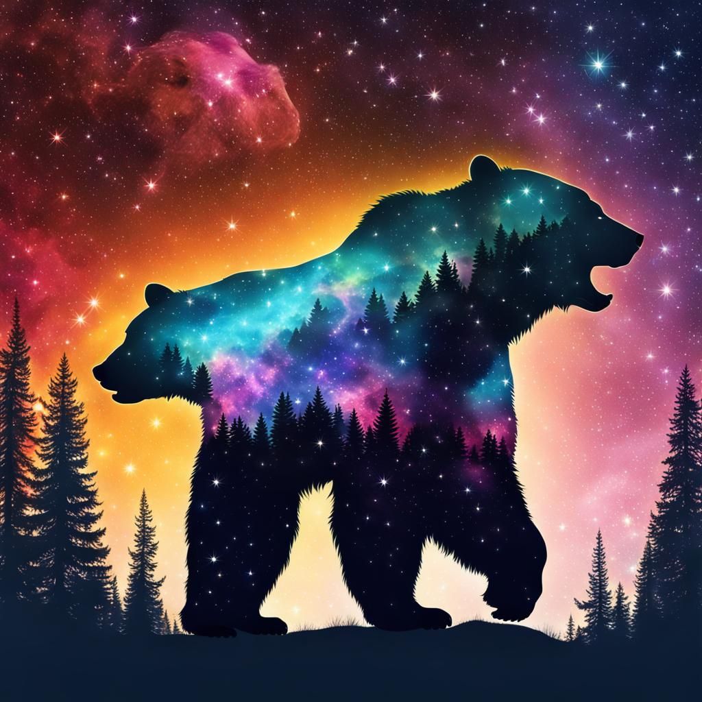 "Double exposure silhouette of giant kodiak bear, nebula and...