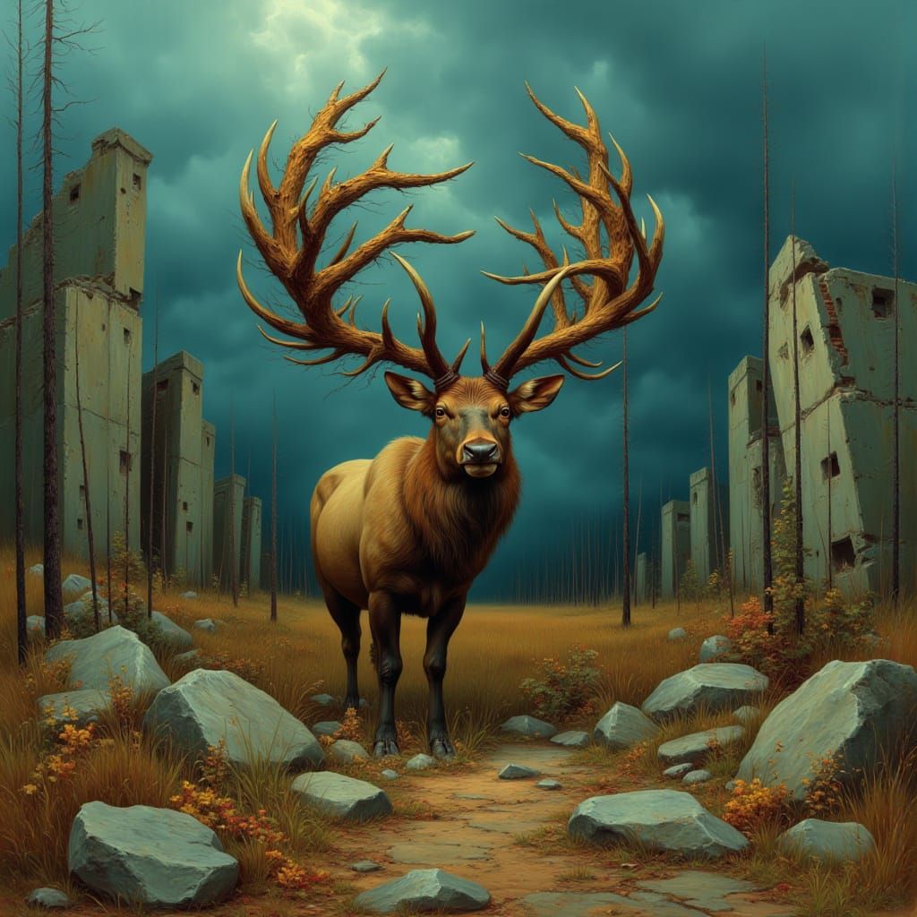 <lora:Brutalist Wilderness:1.0> Oil painting of a feral elk crowned with twisted rebar in the style of Beksiński and Mark Riddick. The pain...