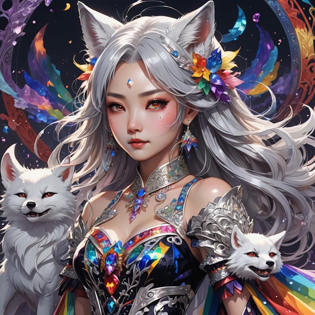 korean lady silver hair rainbow dress rainbow crystals white...