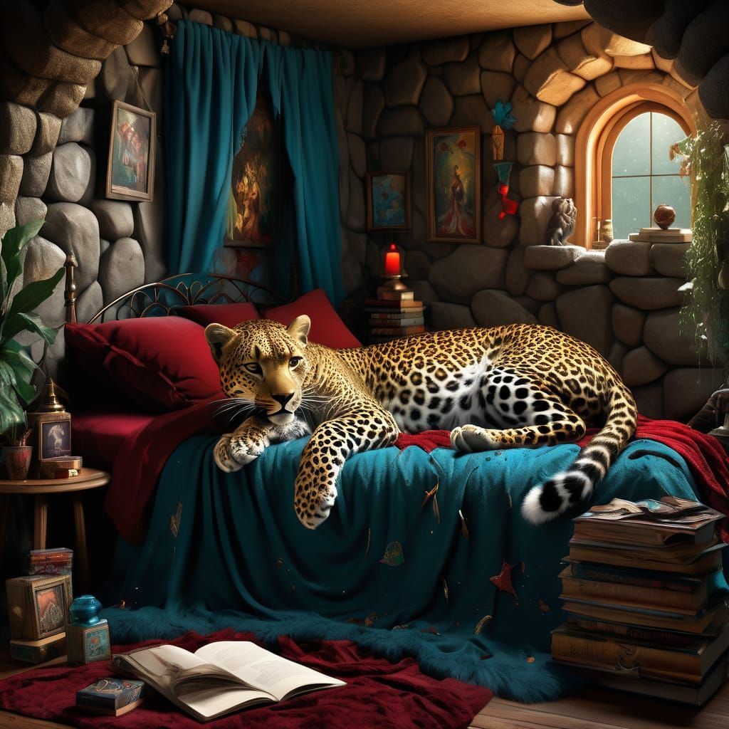A Leopard is sleeping on a bed in her den