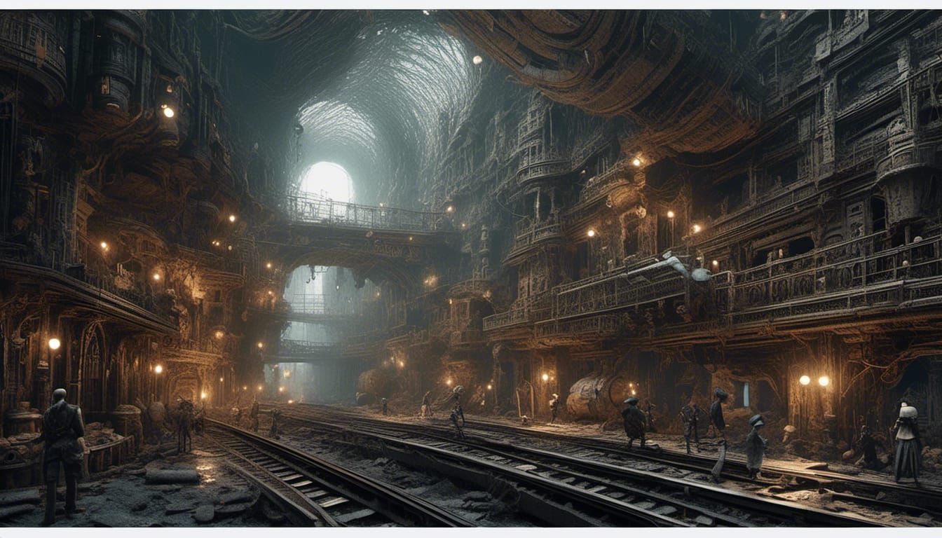 <lora:Unreal:1.0> An underground city, filled with steam-powered trains, strange creatures, and intricate tunnels and cave systems, dark, de...