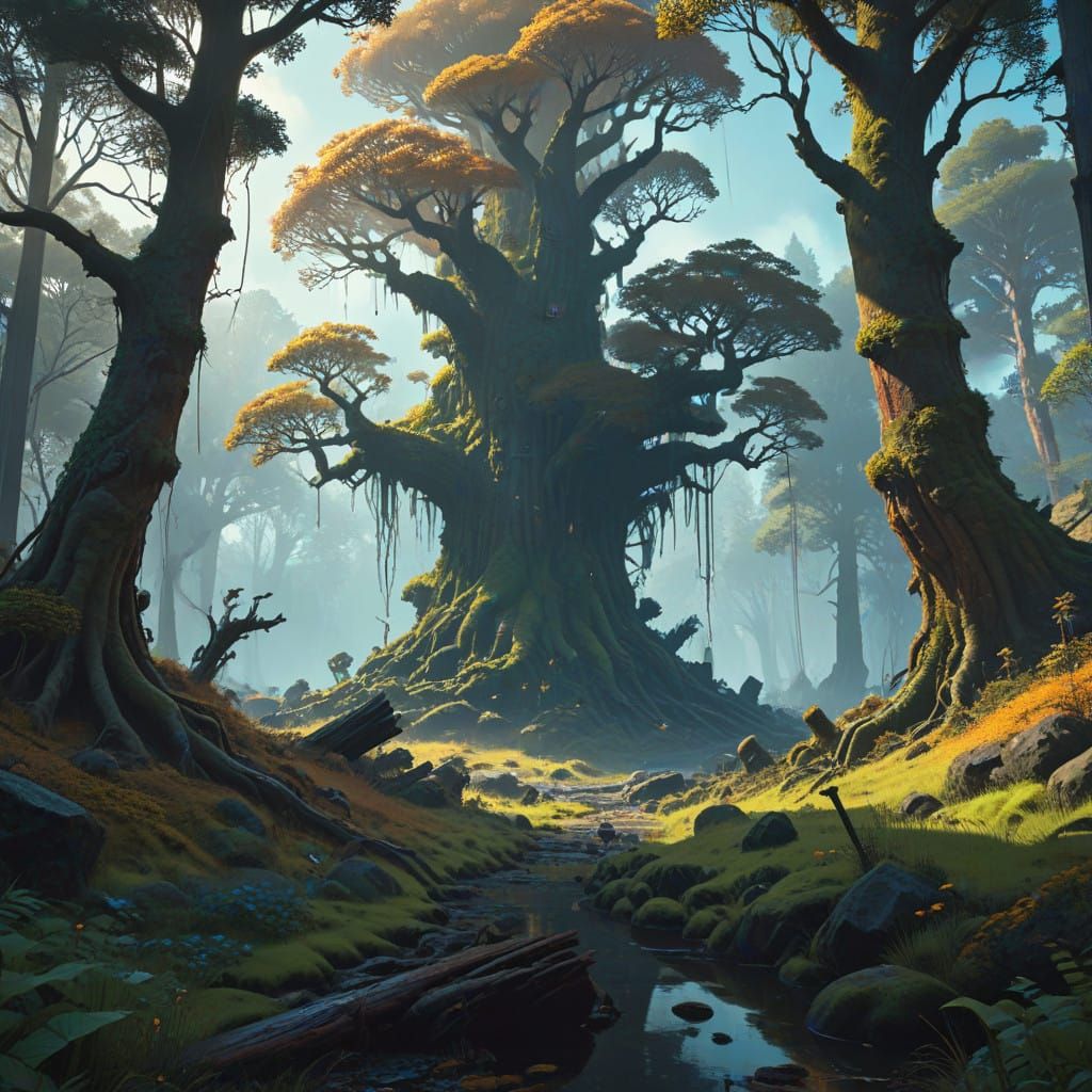 Mystical Golden Forest Amidst Ancient Trees